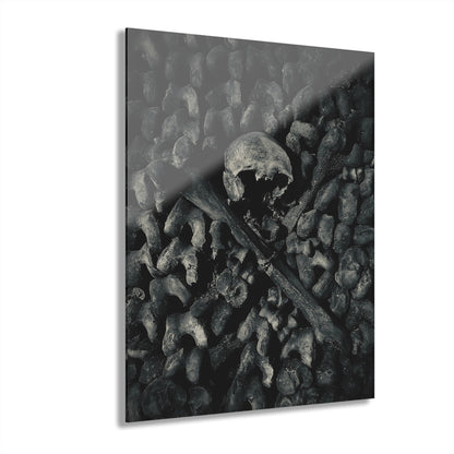 Skull and Crossbones in the Paris Catacombs Acrylic Photography Print by BeautyInDeathArt